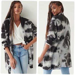 Anthropologie Avalon Tie Dye Long Open Front Cardigan Sweater Black White Sz 2X